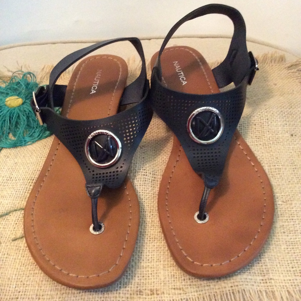 NAUTICA NAVY BLUE/SILVER COLORED TRIM SANDALS 9.5